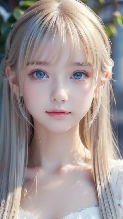 Beautiful white radiant skin, unparalleled beauty, bright, fresh and gentle expression, perfect beautiful cute face, shiny platinum blonde silk super long straight hair, beautiful shiny bangs, very beautiful and beautiful 10-year-old girl, eyeliner, very perfect and beautiful, big clear sky blue eyes, very beautiful bright eye highlights, ((1girl, solo))