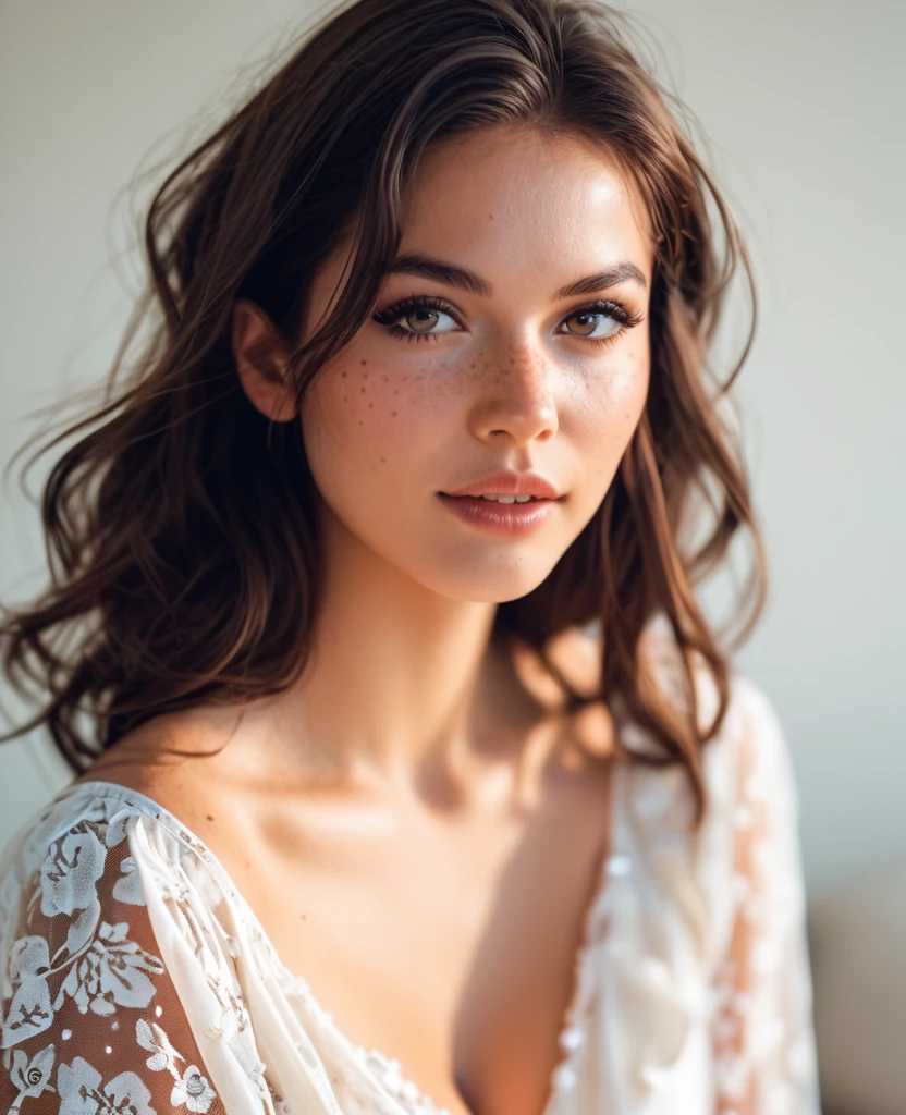 score_9, score_8_up, score_7_up , Stunning brunette woman with freckles, portra 400 film photo, analog inspiration
