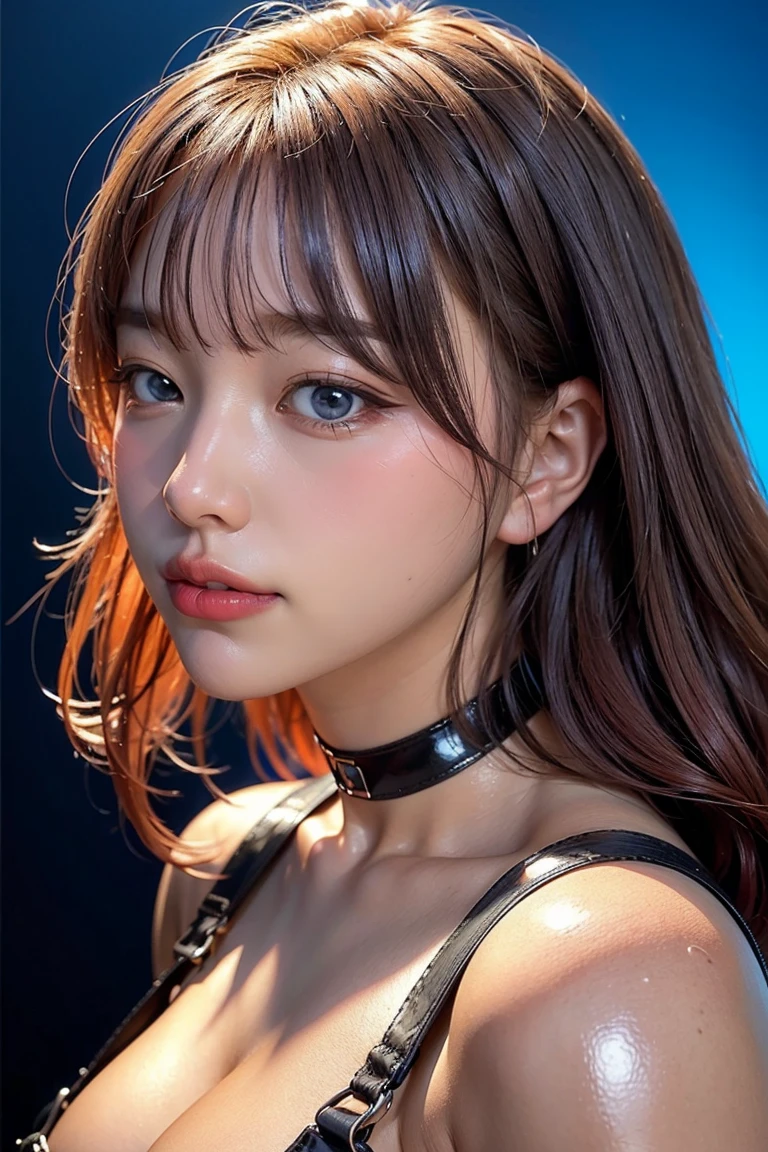 8K,((pieces fly,highest quality)),1 girl、dark colorful neon light background、((glow in the dark)) ,bioluminescent color glow、 Beautiful woman in bright colorful neon light,,beautiful and fine eyes、 (close up head shot:1.2), long messy wavy hair,fluttering hair , ,Shadowのある顔、Because I'm slender、flat body、cute、、round face、(jet-black background)、Shadow、Shadowの顔