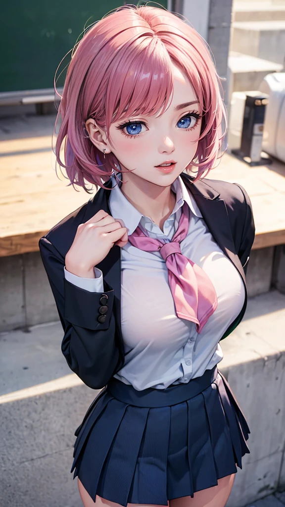 (Masterpiece, BestQuality:1.3), (ultra detailed:1.2), (hyperrealistic:1.3), (RAW photo:1.2), High detail RAW color photo, professional photograph, (Photorealistic:1.4), (realistic:1.4), professional lighting, perfect anatomy, (Big Breasts:1.2), (blush, detailed face), (cheerful Smile:1.5), (Pink Hair:1.5), Trending Hair&Trending Hairカラーをランダムに, earrings, necklace, bracelet, sexly, erotic sexly, Random sexy gravure poses, (Beautiful woman in a blue suit、Silk tie、The background is the office、Sitting sexily at her desk with a serious expression。: 1.3)