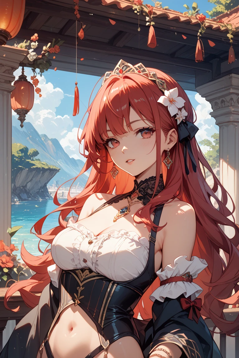 (extremely detailed CG unity 8k wallpaper), the most beautiful artwork in the world, 1girl, breasts, solo, jewelry, earrings, long_hair, cleavage, red_hair, hair_over_one_eye, brown_eyes, looking_at_viewer, tattoo, large_breasts, upper_body, arm_tattoo, kpop idol, jisoo