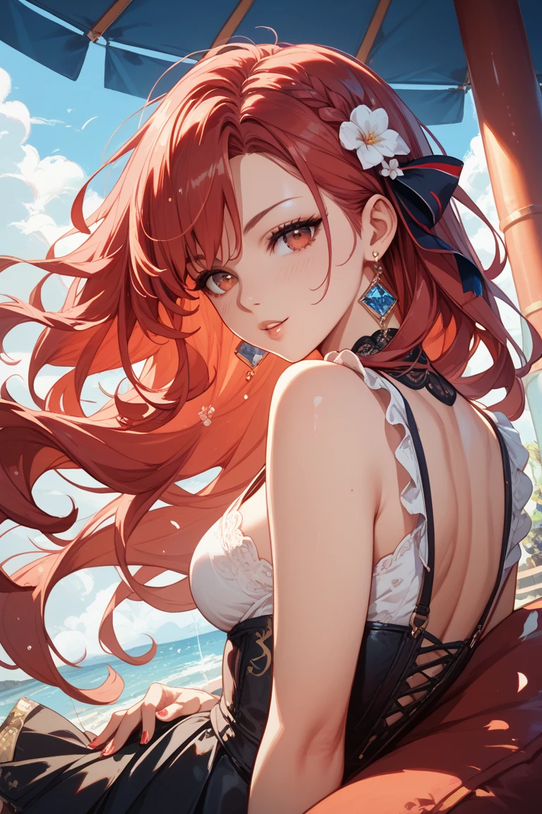 ((massive boob)), cleavage, chubby, big butt, see through bikini, sweaty, cute face, small face, summer, long hair, red hair, pony tail, girl, sweaty, blue ocean, blue sky
