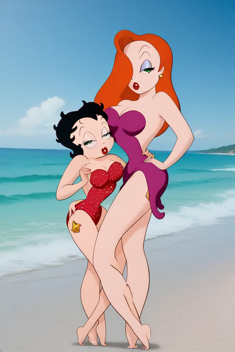 score_9, score_8_up, score_7_up, shaded BREAK 1futanari and 1girl, futanari Bonnie having sex with Shego, red hair, shiny black eyes, white skin, thick black slave collar around neck, long hair, black hair, red eyes, white skin, long hair, v-shaped eyebrows, smug, looking at viewer, topless, bottomless, fully naked, fully nude, girl bouncing on futanari's lap, squirting liquid, penetration from behind, huge penis penetrating vagina from behind, sex scene, vagina spread by huge penis from behind girl, vagina leaking liquid, blushing, screaming from ecstasy, tongue out, eyes looking up in climax, hand squeezing breast, fingers squeezing breast, fingers teasing nipple, pulling nipple, bodies touching, large breasts, huge breasts, round full breasts, super thin waist, heart shaped hips, kissing, Bonnie's penis penetrating Shego's vagina, Shego straddling Bonnie while being penetrated, sexual intercourse, sensual scene, outdoors, sunset, balcony