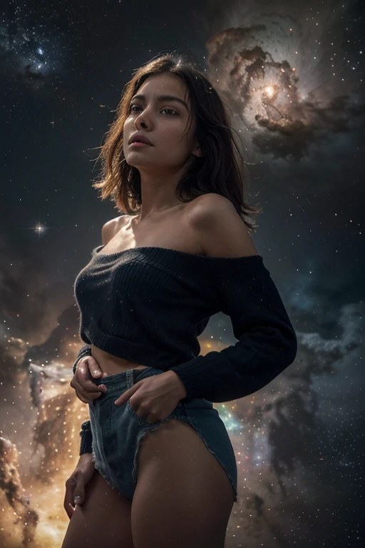 (RAW style, masterpiece, best quality, ultra-detailed), Elizabeth Olsen, outdoor, deep V sweater, hotpants, beautiful night, seductive look, clear starry sky, analog style, (skin texture, film grain), cinematic light, sidelighting, ultra high res, light on hair, extreme long hair