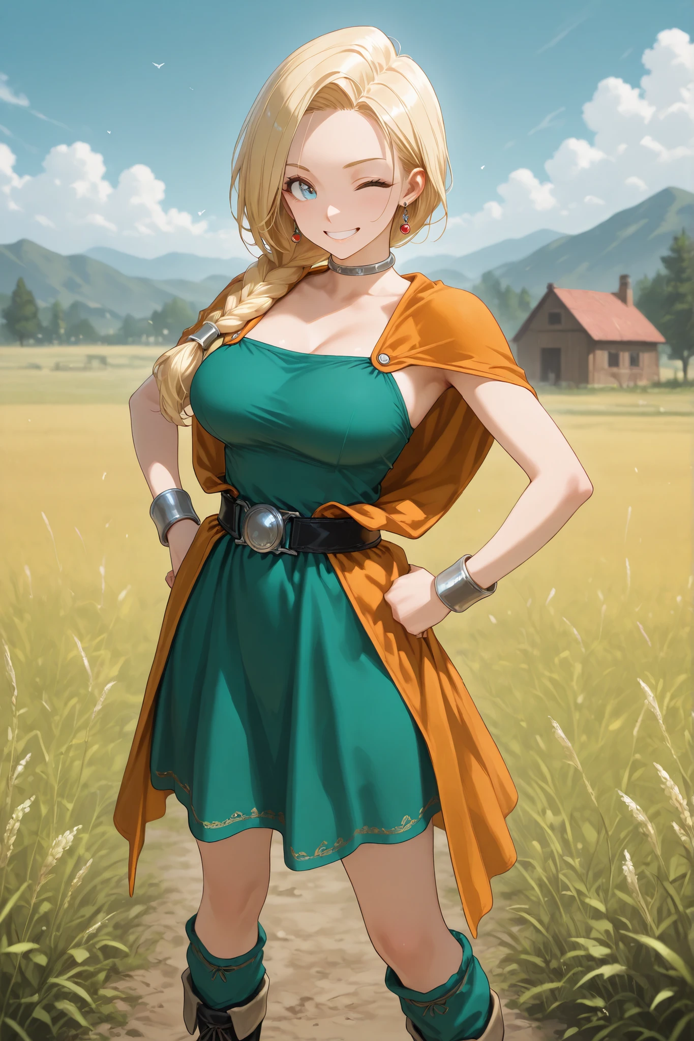 masterpiece, best quality, 1girl, solo, bncad5, blonde hair, single braid, hair over shoulder, long hair, blue eyes, large breasts, earrings, choker, orange cape, green dress, sleeveless dress, belt, bracelet, green socks, knee socks, black boots, ankle boots, large breasts, hands on hips, grin, looking at viewer, wink, blue sky, field, countryside