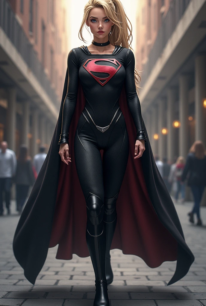 A BUSTY SEXY FEMALE WITH MEDIUM LONG MESSY BLACK HAIR, DREAMY GREEN EYES, WEARING A BLACK SUPERGIRL TOP WITH A SILVER SUPERGIRL EMBLEM ON HER CHEST, A PLEATED SHORT BLACK SKIRT WITH A SILVER LEATHER BELT, LONG BLACK BOOTS WITH SILVER TRIM, AND A LONG BLACK AND RED CAPE. BLACK LIPSTICK, BLACK FINGERNAILS. INCREDIBLY DETAILED PALE WHITE SKIN, INCREDIBLEY DETAILED FACE, INCREDIDBLEY DETAILED CLOTHING, TEXTURED SKIN PORES, TEXTURED HAIR, 8K ABSURD RESOLUTION, MASTERPIECE. PHOTO REALSITIC, HYPER REALISTIC. CHAOTIC BACKGROUND. 16K RESOLUTION. PREFESSIONAL GRADE IMAGE.