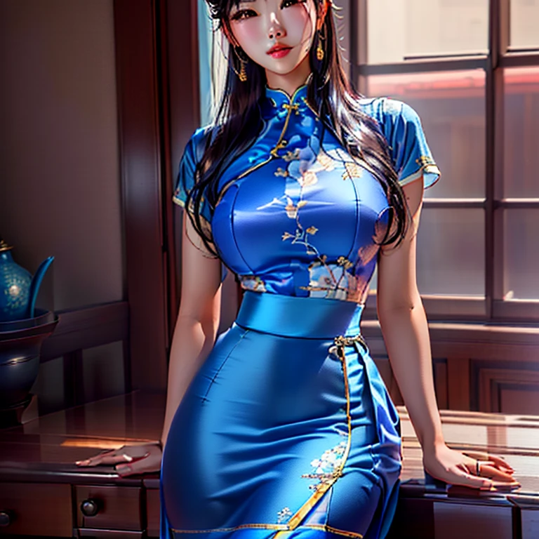 Cheongsam beauty with an alluring gaze, her huge long saggy breasts drawing the audience's attention, the cleavage of her low-cut dress enticingly on display. One giant breast stands out proudly, defying gravity, as she confidently poses before an admiring crowd. The cheongsam, a traditional Chinese silk dress, is adorned with intricate floral patterns and delicate ink splashes, adding a touch of elegance to the seductive scene. every detail is rendered in clear, sharp focus, the watercolor background providing a colorful and panoramic shot that is truly a solo masterpiece of artistry, worthy of being a high-quality, original illustration (1