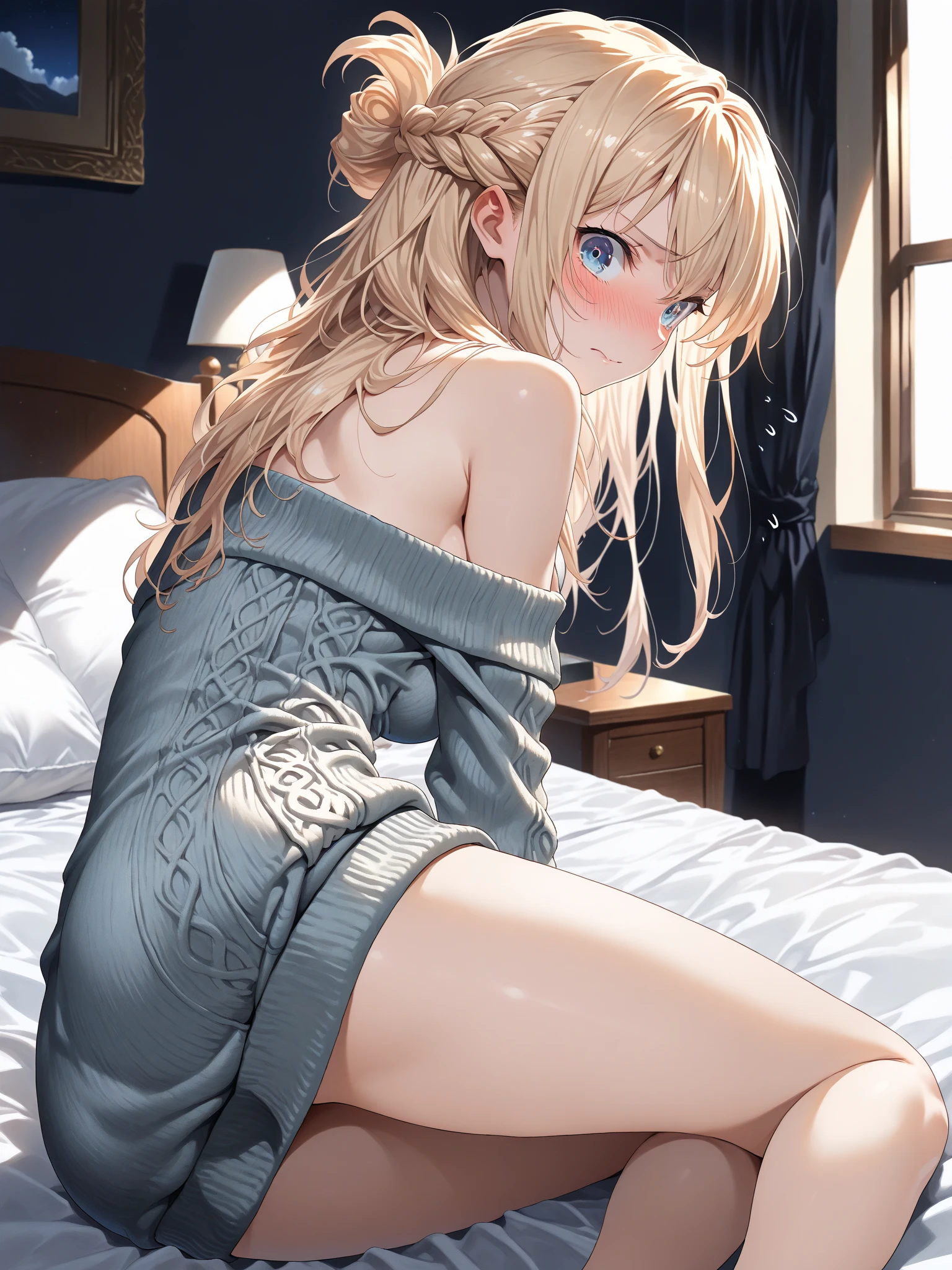 (highest quality), (masterpiece), 1080P, HD, 4K, 8K, View from directly below, woman sitting with knees up, frightened face, fear, 16 years old, Only the nipples are exposed, sweater, Layering, Moe sleeves, Winter Fashion, high school student, big breasts, whole body, blonde long hair, cute hair arrange, barefoot, winter city