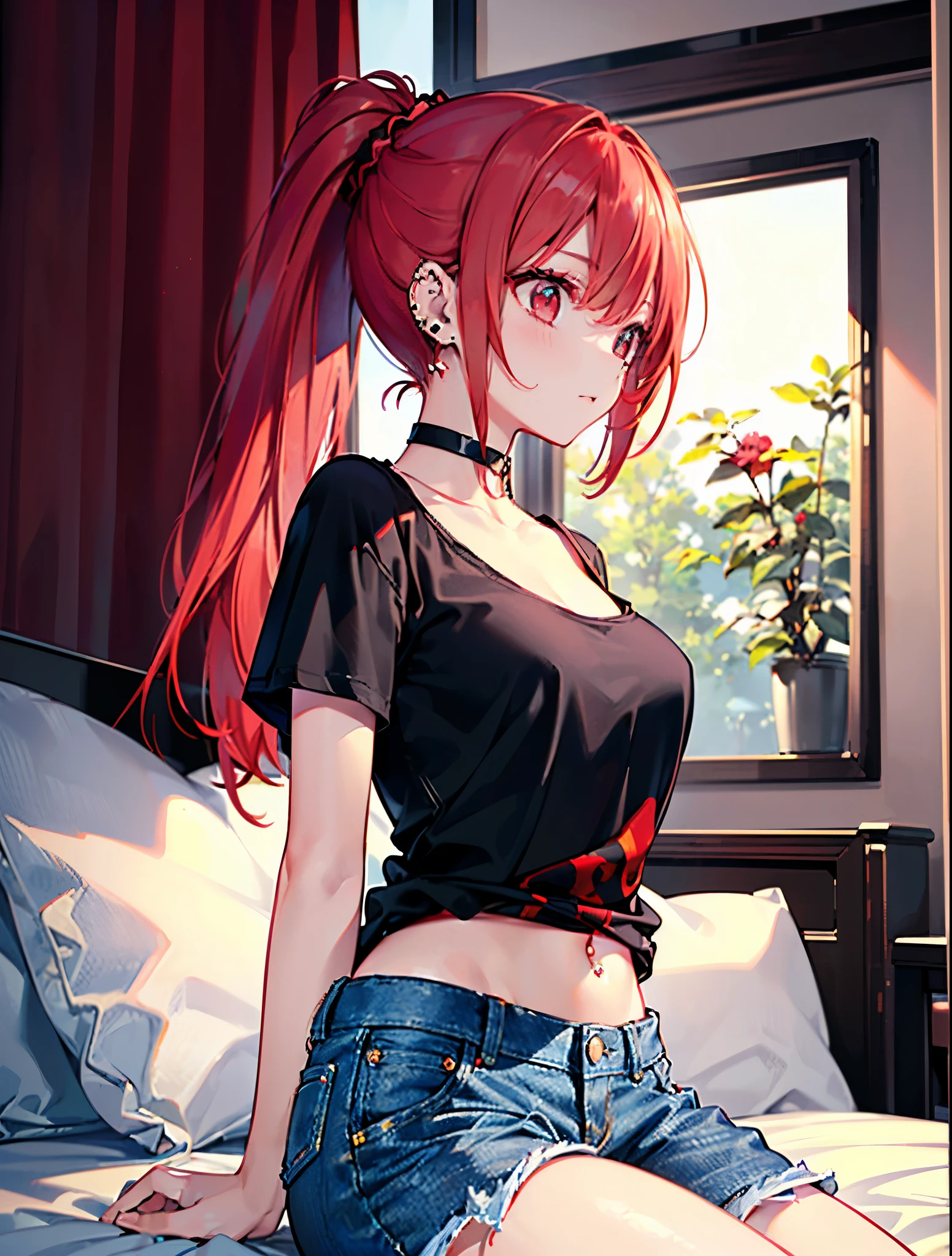 ((Best Quality, 8k, Masterpiece: 1.3)), Beauty, Hide Face, 1 Girl, Beautiful: 1.3, Slender Abs: 1.1, Camisole, Cleavage, (While Sitting on the Bed), Ultra Detailed Face, Highly Detailed Lips, Detailed Eyes, Double Eyelids, Red Hair, Long Braided Hair, Golden Eyes, fill background in office room