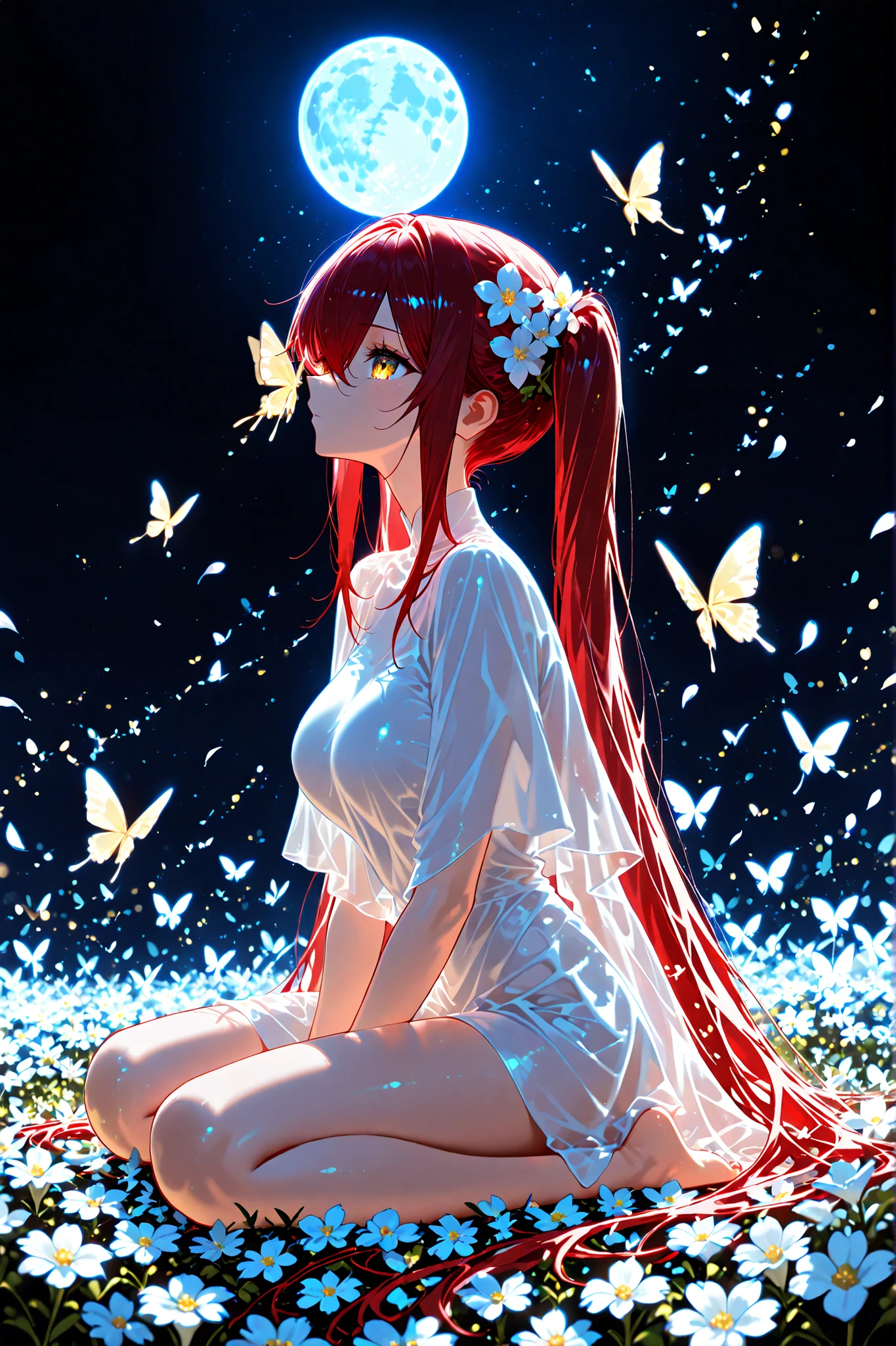 1 girl, golden eyes , very long hair , long sidelocks, red hair , half upon, mediumlarge breasts , petite , very cute , beautiful ,Straight hair, cool, handsome, hair between eyes, confident, beautiful background, butterfly in surroundings, blue moon, full moon, night sky, sleeping on ground, facing up, flower bed, butterflies surrounded, gradient background, from side, full body, butterfly sitting on nose, twintails,, flower, hair flower, butterfly, petals,