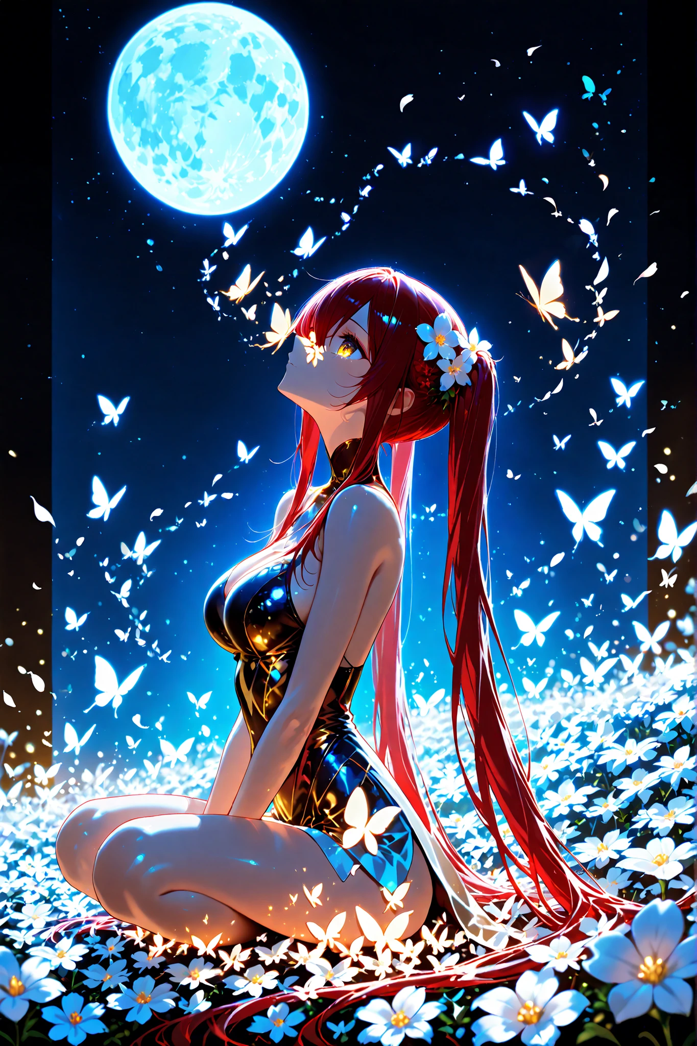 1 girl, golden eyes , very long hair , long sidelocks, red hair , half upon, mediumlarge breasts , petite , very cute , beautiful ,Straight hair, cool, handsome, hair between eyes, confident, beautiful background, butterfly in surroundings, blue moon, full moon, night sky, sleeping on ground, facing up, flower bed, butterflies surrounded, gradient background, from side, full body, butterfly sitting on nose, twintails,, flower, hair flower, butterfly, petals,