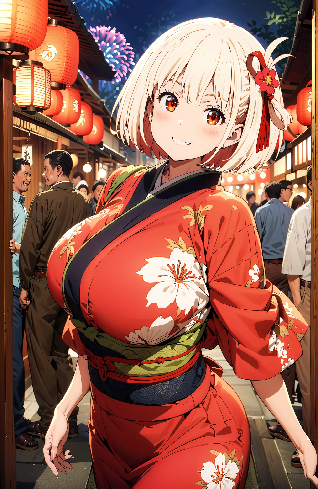 Nishikiki Chisato,solo, short hair, bungs, Gold, red eyes, one side up, bob cut,Big Breasts,flower hair ornament with ears, red flower pattern kimono,standing,smile,blush,grinning,Light up fireworks,Red Lantern,Japanese stalls ,night,crowd,in their 40s looking at viewer,full body,
in their 40s outdoors, Japanese Festival,
in their 40s (masterpiece:1.2), best quality, high resolution, Unity 8Kの壁紙, ( 's art :0.8), (beautiful detailed eyes:1.6), very detailed face, perfect lighting, Highly Detailed CG, (perfect hand in h, perfect anatomy),