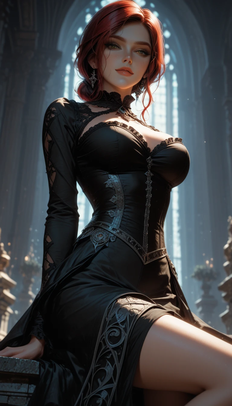 gwen tennyson,tracer,yorha 2b,rebecca chambers,atelier ryza,1girl,close up, aviator goggles,steam locomotive, steampunk theme,cloudy day,fishnet stockings,white long sleeve victorian top,long open front goth ruffle skirt,brass pirate corset,brass neck jewelry,short hair,brass earrings,night gown,victorian city,gothic makeup, green eyes,orange hair,shy smile, freckles,redhead,beautiful girl,large breasts,ultra detailed,realistic,fantasy art,