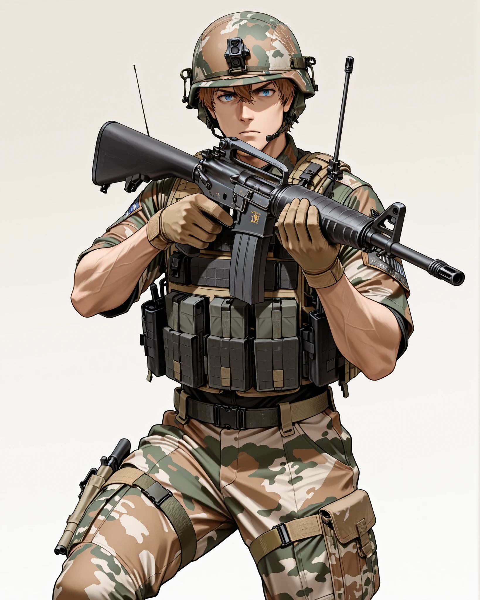 A male National Guardsman wearing a camouflage uniform, helmet, and tactical vest, aiming and holding an M16 rifle toward the viewer against a stark white background. The individual appears to be an adult male with a light skin tone and light brown hair visible around the edges of the helmet. His blue eyes are focused on the sight of the rifle, and he has a serious expression. The helmet features camouflage with dark green straps. The uniform displays light and dark beige, brown, and green camouflage patterns. The tactical vest is olive green and includes various pouches and straps. He is wearing beige gloves, and the black rifle has a magazine attached. A small patch resembling the American flag is visible on the upper left sleeve of his uniform. His arms are extended as he supports the rifle in a shooting stance. The lighting is bright and even, casting minimal shadows, with the backdrop featuring a New York street during the day.