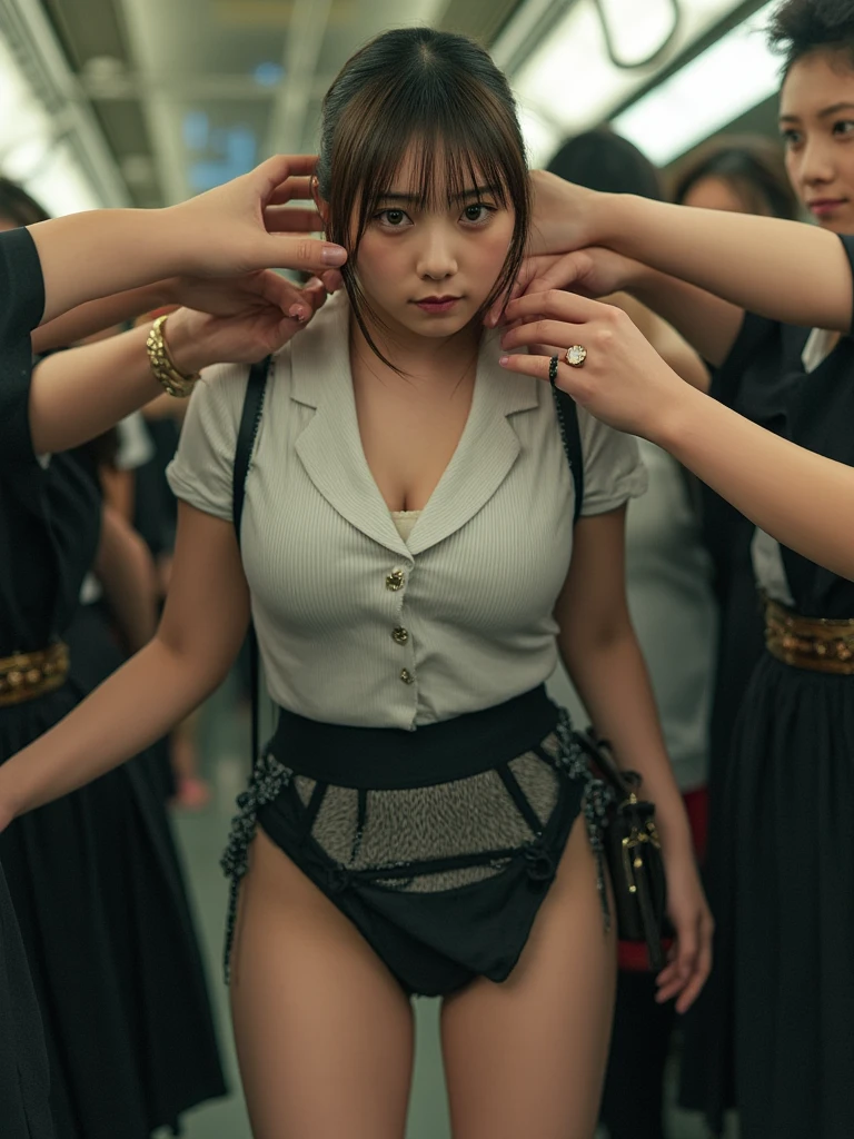 (Ultra-realistic)、Beautiful Asian Woman、sexy、(Wear flesh-colored fabric)、 Scalability beauty High resolution High resolution Realistic、young woman、((Big big))、Detailed skin texture、超High resolution、Wear flesh-colored fabric、Realistic、Voluptuous figure、Beautiful expression、Detailed green eye、ponytail、Fluffy hair、blonde、smile、great joy、Big Red Lips、Extremely delicate and fine skin texture、Women in agriculture、Big cleavage、Very large breasts、Deep neckline、Clothes are beige、(Wear flesh-colored fabric)、Location: subway、Surrounded by many people、Bridging、sit、Squat、Spread your legs、A man hugs a beautiful woman from behind, Talk in her ear, Lift her up, Roll up your miniskirt
