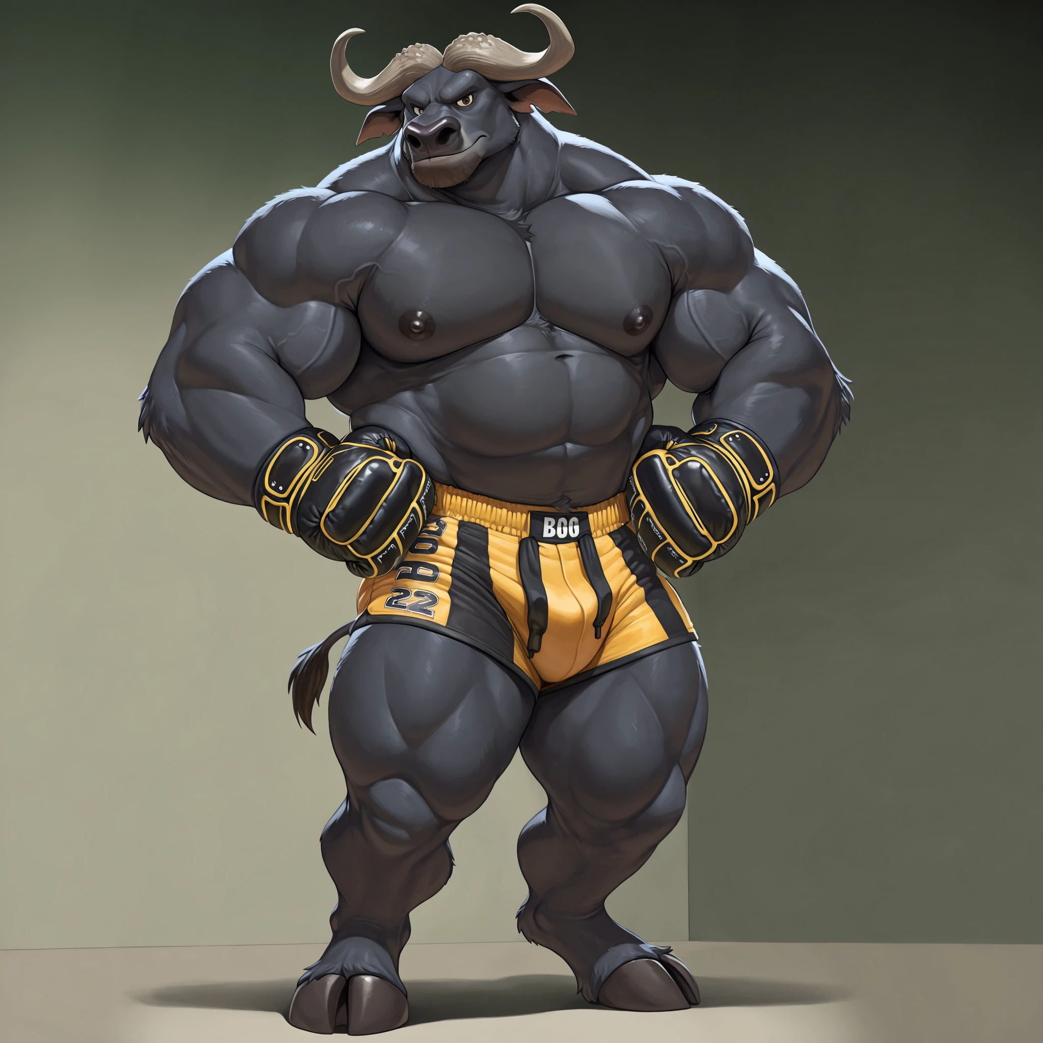 zPDXL2,general,masterpiece,best quality,amazing quality,furry male,male focus,full_body,(from side:0.3),solo,
b0g0,african buffalo,mature male,horns,brown eyes,hoof,3 fingers,MMA trunks, MMA gloves, 
standing,thick thighs,hands_on_hips,looking_at_viewer,