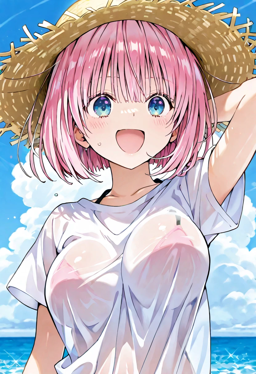 (masterpiece, best quality:1.4), looking at viewer, smile,chisato nishikigi, blonde hair, short hair, red eyes,large breasts, hair ribbon, Smiling, looking at the viewer, blue theme, blue background, cloudy sky, sunlight, sweat, orgasmic, (Completely naked), nude,(pinkcolor smallnipple),cleavage, belly button exposed, collarbone, thighs, sea , head, Wave, splashe,