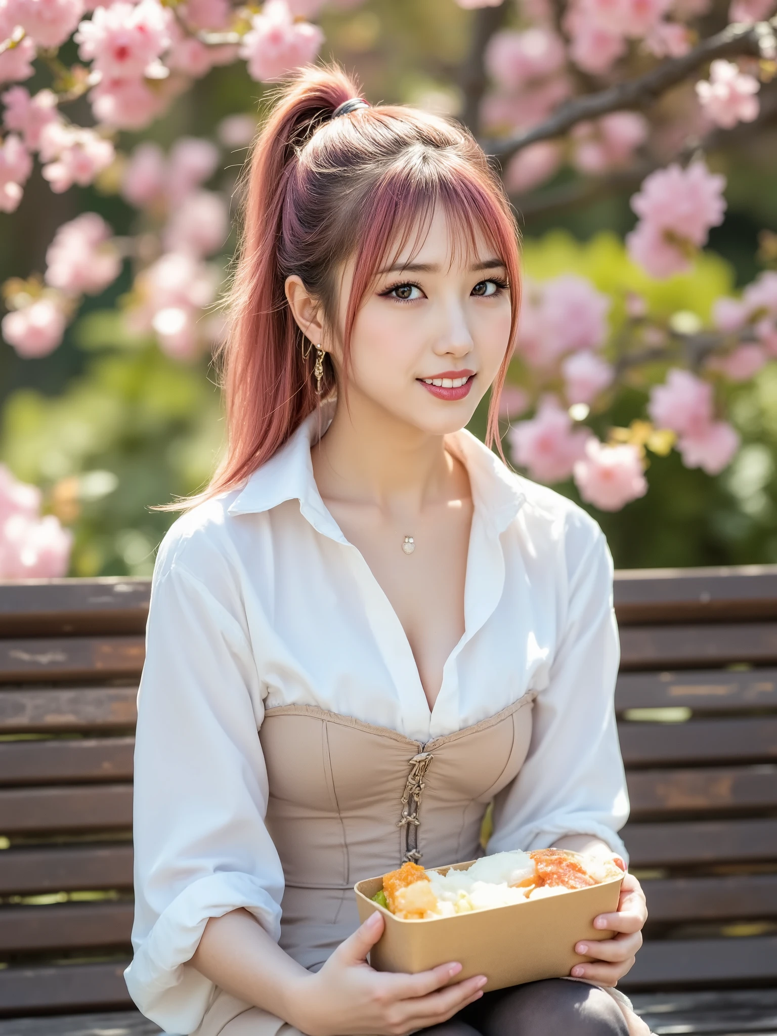 nsfw,front view,((park:1.5)) ,20years old,high ponytail,(pink hair:1.5),((pink lips:1.0)),bangs,(an earrings) , ((brown eyes:1.5)), medium breasts ,beige bustle mini skirt, white Shirt,beige corset top,black stockings,eating lunch box,high heels,(grin),sitting bench,cherry blossoms,textured skin,masterpiece