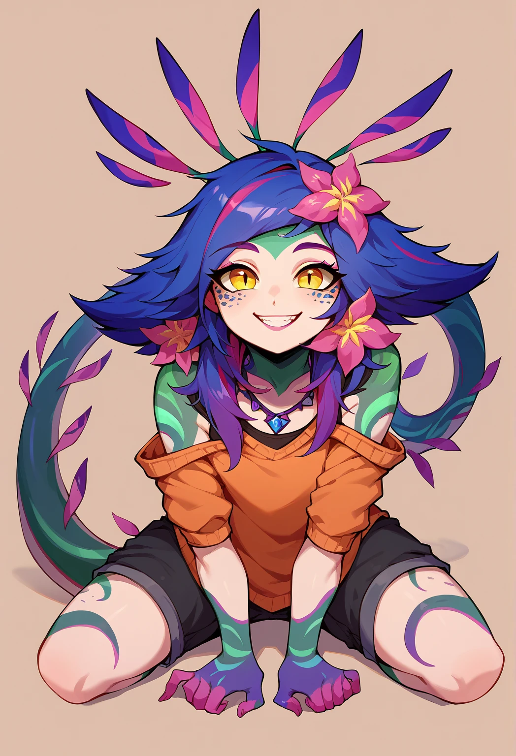 masterpiece, best quality, neeko, facial marks, hair ornaments, hair flower, crop top, brown shorts, lizard tail, holding a tomato, furrowed brow, simple background <lora:neeko-nvwls-v2-000014:0.9>