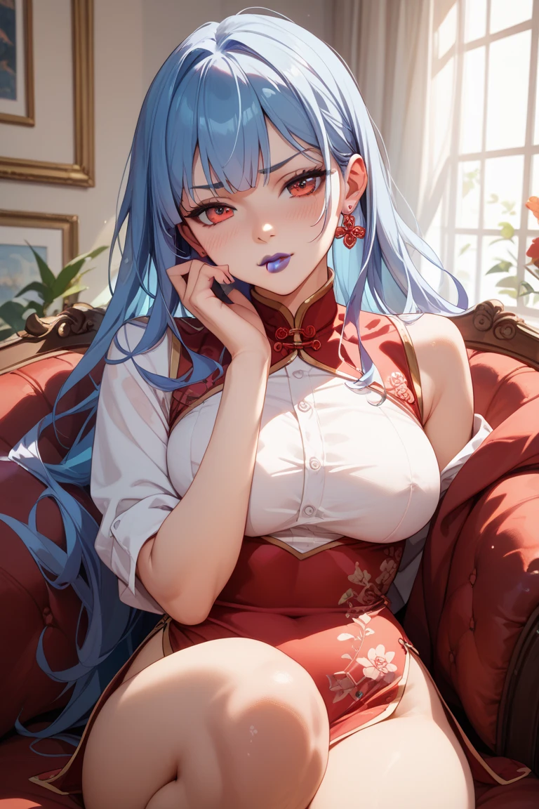 1 girl, Genshin Impact, Raiden Shogun, Perfect Hands best quality, expressive eyes, perfect face, upper Big body, full body, smile, blush, red Camisole, indoors, day, simple background, Sitting on Sofa, looking , Bright sky, looking at viewer, stairs, moody lighting,