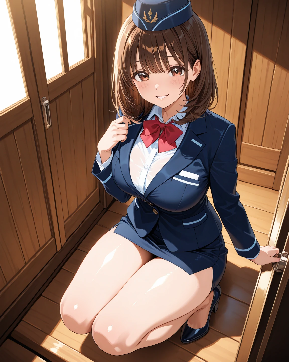 masterpiece, top-quality, Hi-Res, 1girl in, 独奏, brown haired, shorth hair, a purple eye, Mole under the eyes, Hats, band uniform, Sleeveless, white glove, pleatedskirt, knee boots(chubby:1.3),(Black pantyhose:1.3),(huge-breasted:1.2),(Colossal tits:1,2),thick thighs, Big hips,cowboy shot, A smile, open open mouth,(red blush:1.2),plein air,(opens legs:1.2),(Show your pants:1.2),(Sit up:1.1)