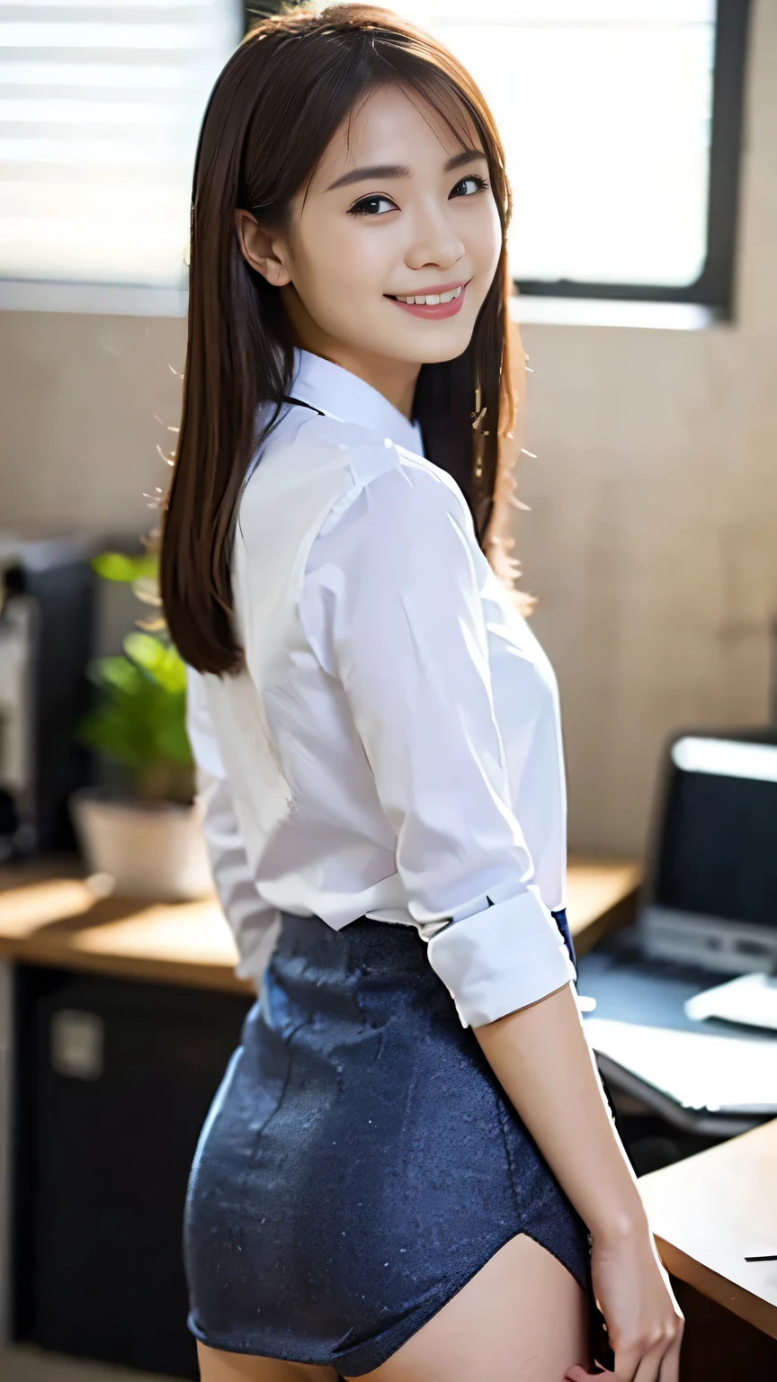 masutepiece, Best Quality, 超A high resolution,(photographrealistic:1.4) (depth of fields),(Lens Glow) , Business Shirt Underwear:1.5、Inside the office:1.5、a Pretty Japanese woman:1.5、officeworker、smil、suits:1.3、nice butt、backs