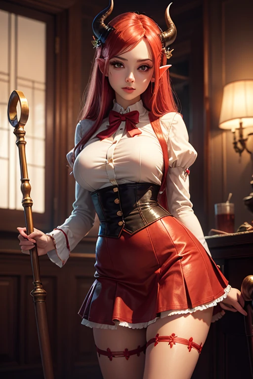 Outrageous, Best Quality, 1girl, solo, red hair, purple eyes, long hair, big, ahBunny, bunny ears, red corset, gakuran, aprons, red neck ribbons, red skirt, hair bow, short sleeves, wrist cuffs, white thighs, jingle bells