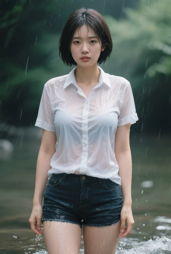 ((Best quality, 8k, Masterpiece :1.3)), Sharp focus :1.2, A pretty woman with perfect figure :1.4, Slender abs :1.2, ((Layered haircut, Big breasts :1.2)), (Wet white button up long shirt :1.1), (Rain, Street:1.2), Wet body :1.5, Highly detailed face and skin texture, Detailed eyes, Double eyelid