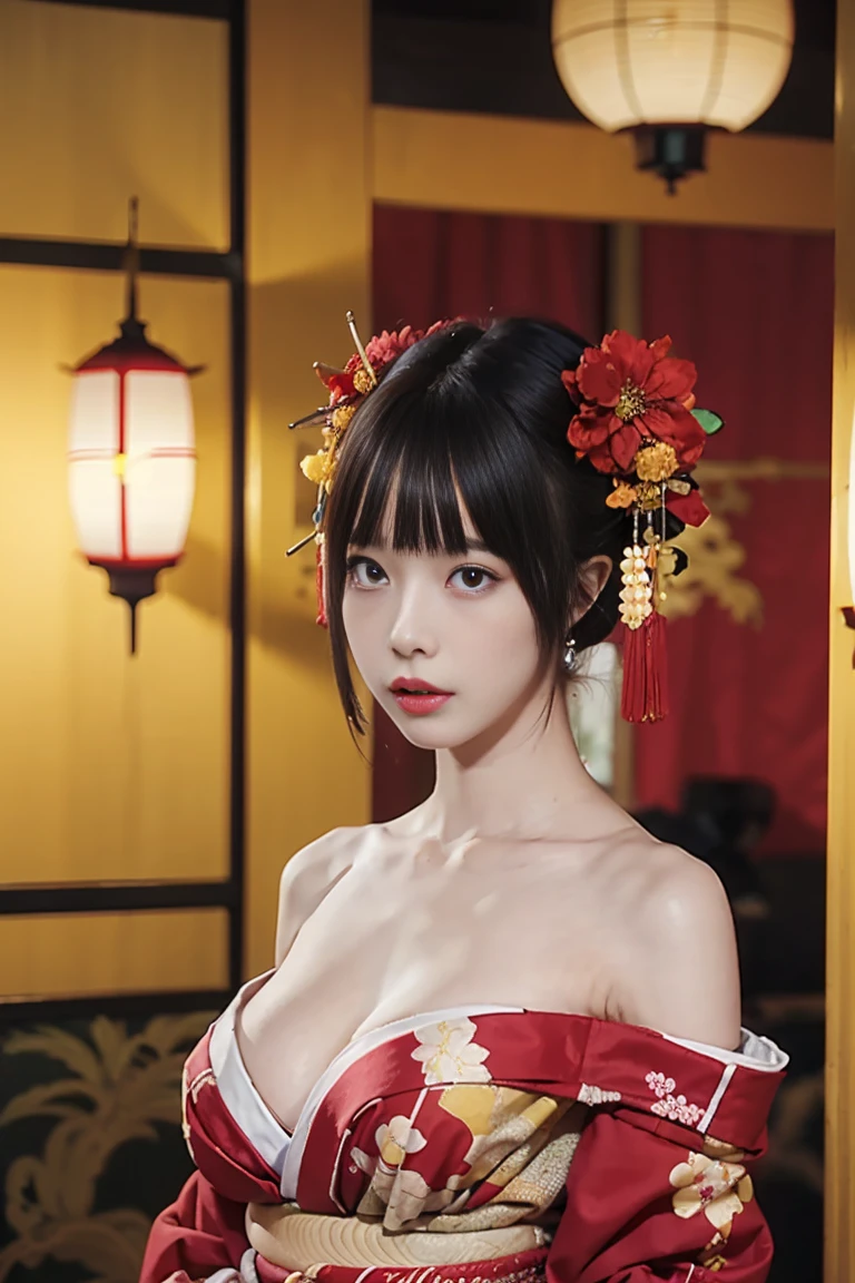 4k, masterpiece, High resolution, confused,Natural volumetric lighting and best shadows, 笑face,deep i is written in the depth of the world,soft delicate beautiful attractive face, beautiful edge courtesan_woman, a woman in a kimono posing for a picture ,Courtesan with perfect edges_face,Courtesan with perfect edges_body,edgOiran_compensate,edgOiran_hairstyle、NSFW:1.5