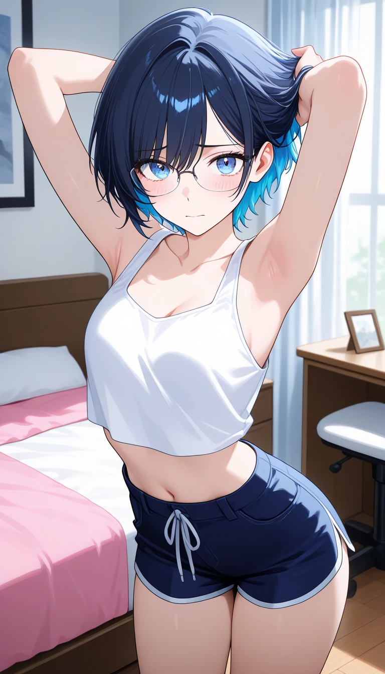 ((1 beautiful girl)),(large udder),(((Top image quality))),(((detail portrayal))),(((Rational portrayal))),(((Best Quality))),(((Indigo hair))),(((Straight hair))),(Short hair - bob cut hair),(((a small face))),(((Pin the bangs to the side))),(((put out one's forehead))),(((asymmetrical bangs))),(((Indigo eyes))),(masterpiece)), (((drooing eyes))),((top-quality)),((Vivid light and shadow depiction)),(((cute little))),(((Beautiful body lines))), (Detailed body line depiction), ((detailed face depiction)),((ighly detailed)), (8K), top-quality, (Beautiful fece),(((World-class quality))), ighly detailed, hight resolution,(((Anime filling))),(((de pele branca))),(((wearing a white tank top shirt over naked))),(((Lower body naked))),(((Detailed crotch depiction))),(((red blush))),(((Shameful smile))),(((Composition seen from the front))),(((Luxury hotel rooms))),(((Sitting in bed))),(((Condoms are scattered on the bed)))),(((Open your legs to show your crotch)))