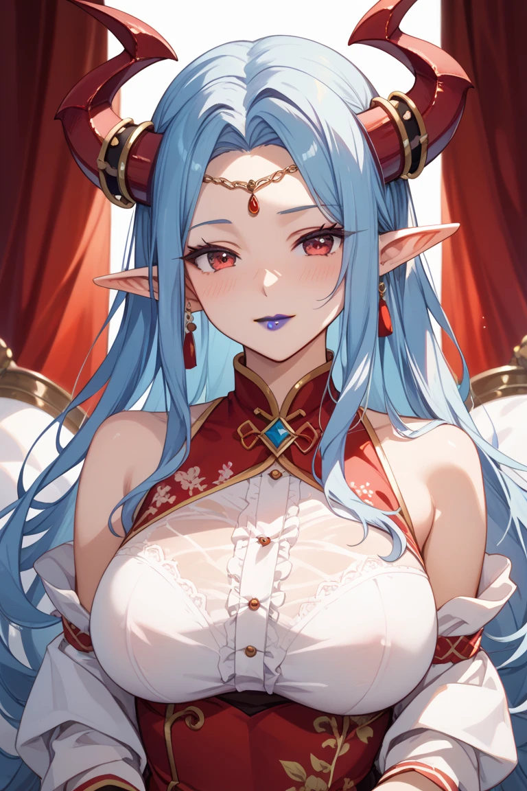 in an art nouveau style, Posters in the theater, (((Artwork by Alphonse Mucha))), The upper part of the body, Be red in the face, contours ,(tmasterpiece, Delicate and beautiful eyes: 1.2), 1个Giant Breast Girl, Alone, The beautiful, small detailed, ultra - detailed, Best quality at best, iintricate, Sharp, Digital illustration, Detailed pubic hair, icey, Blue flowers, ((yuki)), employment \(genshin impact\), 1个Giant Breast Girl, ahoge, By bangs, exposed bare shoulders, bell, Black gloves, ((lightblue hair)), Be red in the face, nedium breasts, Chinese knot, separated sleeves, flower knot, mitts, (red ram horns), long whitr hair, mediuml breasts, Neckbells, the night, Outdoor activities, a purple eye, side locks, Alone, nipple tassels, White sleeves, ((tmasterpiece)), curlies, Light blue background