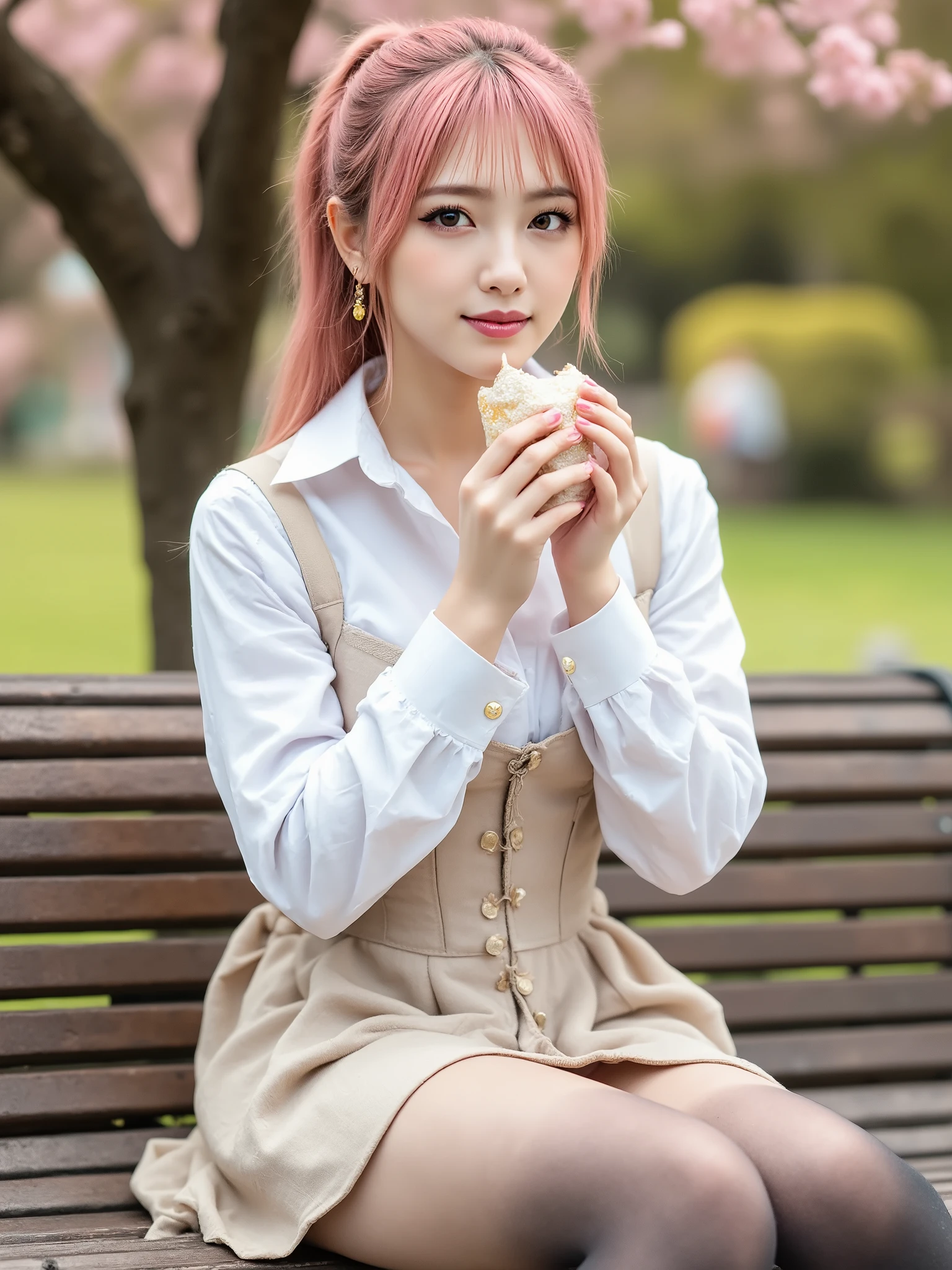 nsfw,front view,((park:1.5)) ,20years old,high ponytail,(pink hair:1.5),((pink lips:1.0)),bangs,(an earrings) , ((brown eyes:1.5)), medium breasts ,beige bustle mini skirt, white Shirt,beige corset top,black stockings,eating lunch box,high heels,(grin),sitting bench,cherry blossoms,textured skin,masterpiece
