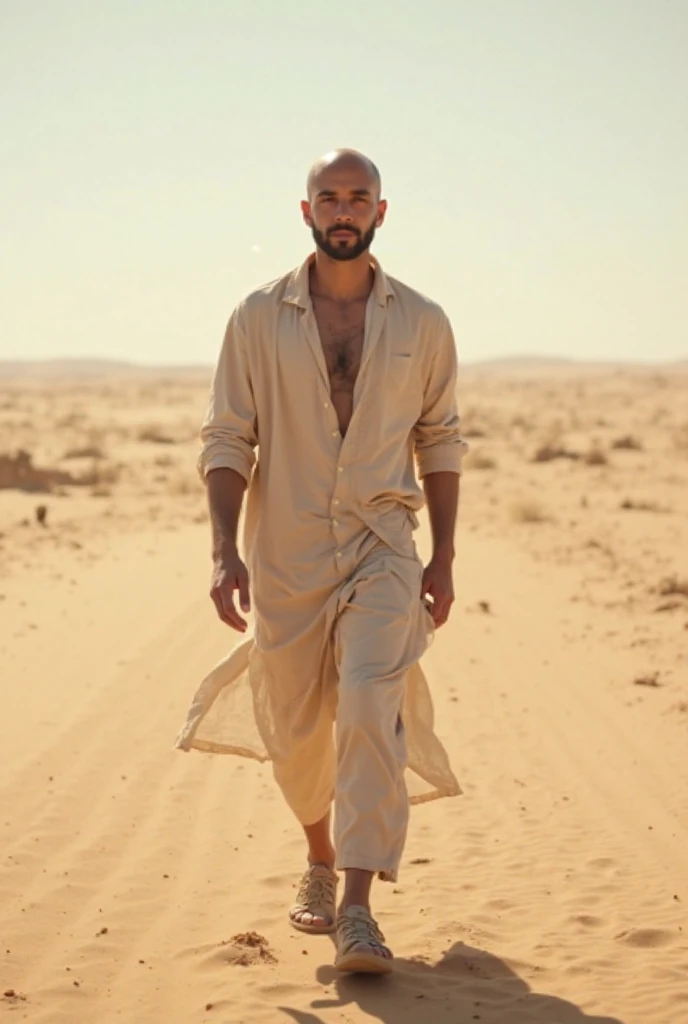 Bald Arab man, 5, on the beach. The man only has a mustache and wants to swim.