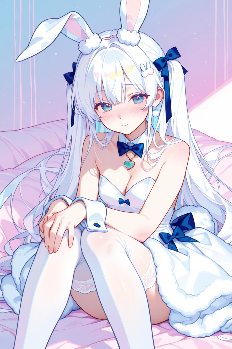 masterpiece, best quality, blanc \(nikke\), white hair, long hair, white leotard, fishnets, rabbit tail, rabbit ears, playboy bunny, white pantyhose, 1girl, mature female, (((expressive eyes))), perfect female anatomy, (small breasts), <lora:blanc-v2-lora-naivae:0.6>
