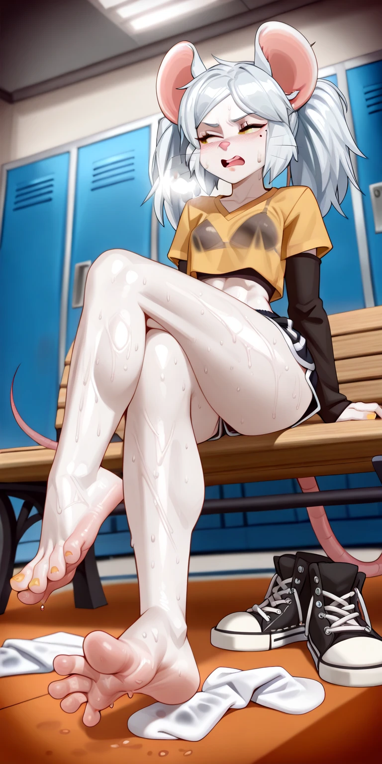 (nsfw:1.5), 1 girl, solo, Bright white bra、Modern fashion、High-cut sneakers、20yr old、a blond、ponytailed、large full breasts、Sexy body、(opened breast) (show breasts), agony、contempt, muscle, large boob, In the street、red blush、embarrassed from、Tied behind your back with a rope、Squatting and spreading crotch、BDSM、Crab crotch with crotch spread、tiptoeing、Sex Expressions、((a large amount of cloudy liquid drips from the genitals、Vibrator in pants)), wet all body((spread legs (Drenched body)) white milk spill, ((ahegeo face)), blushing face, show boobs, show breasts, show , show ,
