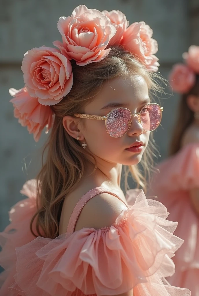 There is a girl wearing a pink dress and heart-shaped sunglasses, CLOSE UP, vestido de baile rosa brilhante, menina rosa bonita, menina doce, cute and adorable, Retrato da princesa da fada, princesa fada, de uma menina anjo bonita, romantic rose tutu, Looks doces, menina cor-de-rosa, wearing pink romantic tutu, wearing a pink romantic cor-de-rosa, princesa menina