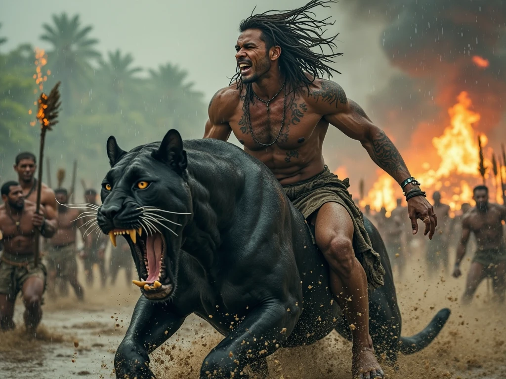 Angry chimpanzee with a spear and loincloth and armor riding a horse 
