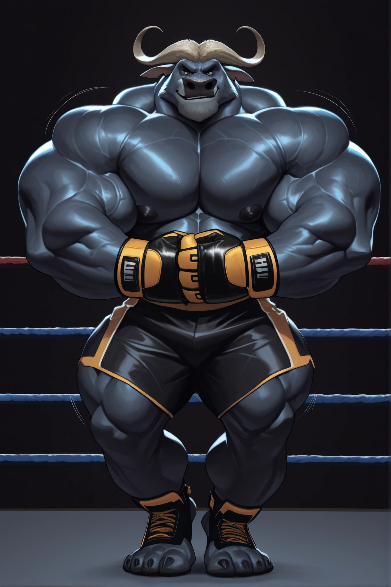solo, massive muscular, chief bogo, in UFC fighting ring, smirking, nipples, flexing front arched, shirtless, massive arm, massive bicep, very huge pectoral, black MMA shorts with  lines slits, MMA gloves, ankle supports, detailed face:1.3, eyes, wide shoulder, thick arms, wide pectoral, muscle, short hair:1.2, masterpiece, semirealistic:1.2, high detailed, 8k, high resolution