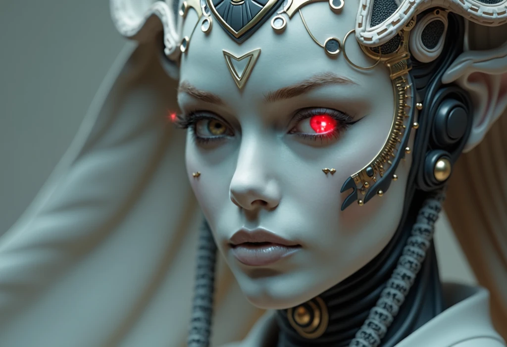 ral-opal, meahophontron, Whole body, Beautiful woman robot face, blue eyes, cyberpunk, devil nun, negro, looking to the camera, nun body clothing, primer plano looking to the camera, realist, Beautiful woman, Cara sexy, black clothes, Gray and blue, blue heels.