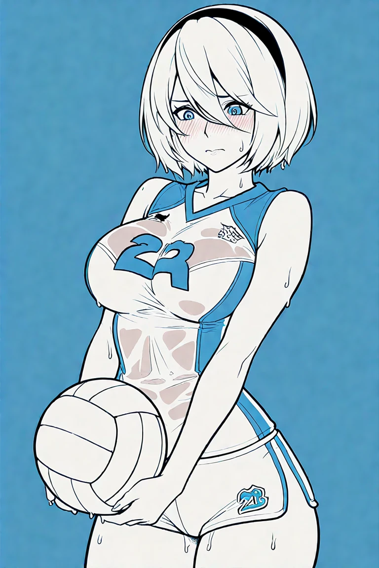 Anime girl white hair red eyes light skin medium thighs big medium breasts playing volleyball wearing tight black thong topless