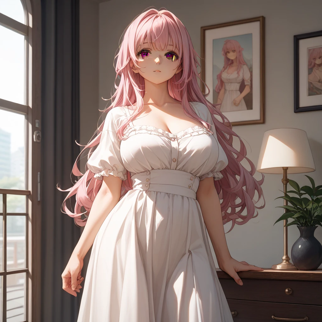1 girl, solo, pink hair, brown eyes, fashionable, double-parted bangs, long hair, crown braid, (mature female, mature:0.8), (pixiv:1.4), high quality, mole under eye, white gown, earrings, necklace, lipstick, ballroom, indoors, light fixture