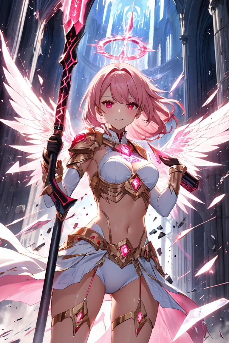 (Perfect Anatomy)、Mastepiece、Ultra High Quality、 8K、masterpiece、Highest quality、Ultra-high resolution、Maximum resolution、Very detailed、Professional Lighting、anime、woman、thin、so beautiful、Highly detailed eye、Highly detailed face、Golden earrings、Pink Hair,、Pink eyes, upper arm pink armor, white leotard, pink pattern, (((full body))), magical woman, Angel Girl, fighting pose, (((shoot magic from your hands))), sweat, magic attack, (fight multiple golem1.3), angry, From the side