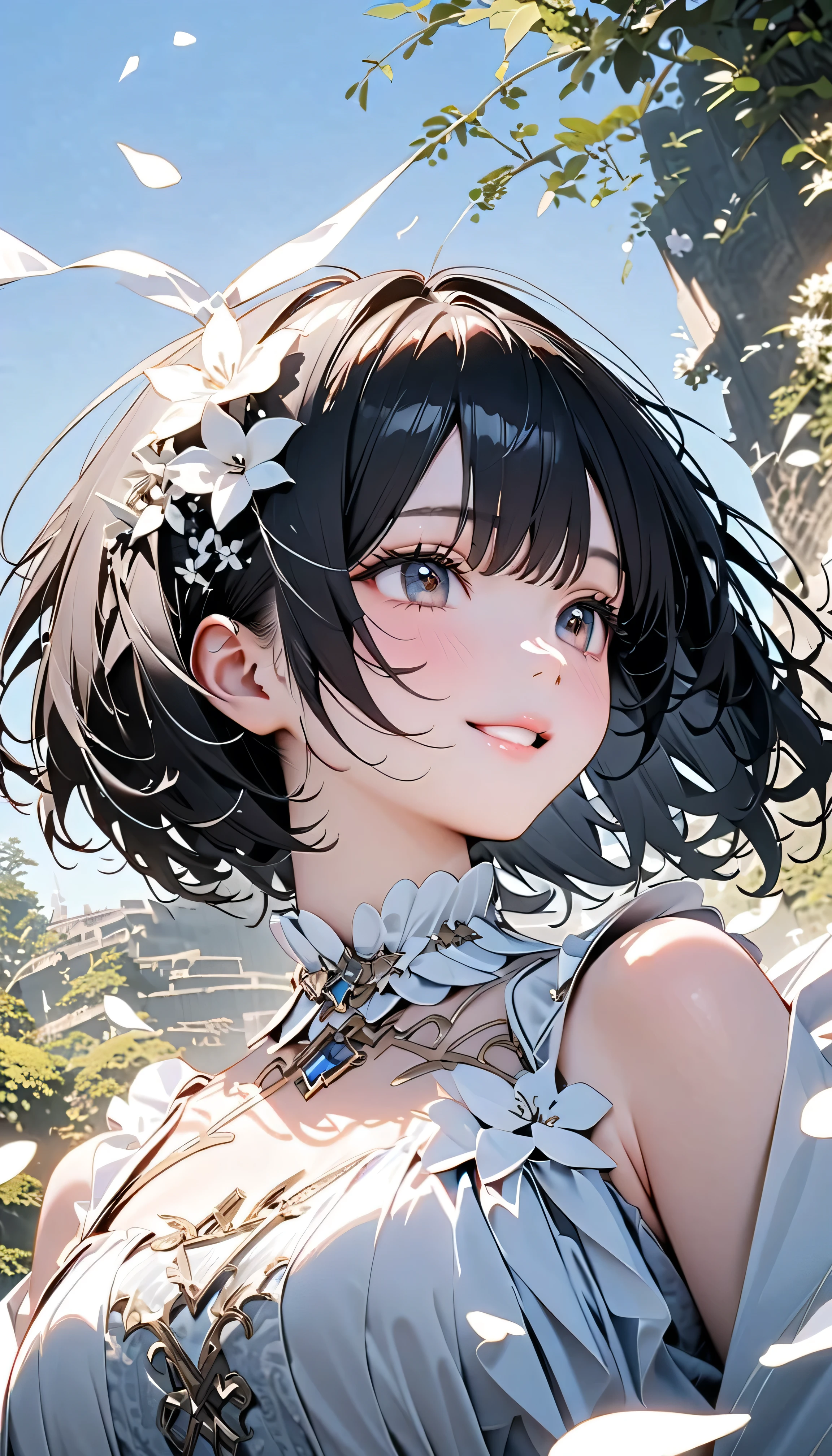 (Highest Quality:1.2, 非常にdetailsな, newest, Highest Quality, Best Aesthetics), 8K Ultra HD, 非常にdetailsな, details, Bold composition, (perfect human structure), beautiful and very delicate texture, (energetic, Digital Coloring, High Contrast, masterpiece:1.2, Highest Quality, Best Aesthetics, wind), (white petals dance:1.2, ファンタジーのwind景:1.4), white petal background, delicate and dynamic, fantastic, Romantic and sweet style, コンセプトアートwind, Blessed Virgin Mary white dress, bright light, Beautiful World, New World, そよwindで舞う, accurate, dynamic angle, angel, 1 woman, upper body shot, black hair, bob cut,  young, textured skin, shiny skin, charming smile, Girl Beauty , Miraculous Beauty Symbol, (((White Flower Hair Accessory, white flower dress :1.2))), 2.5d, realistic