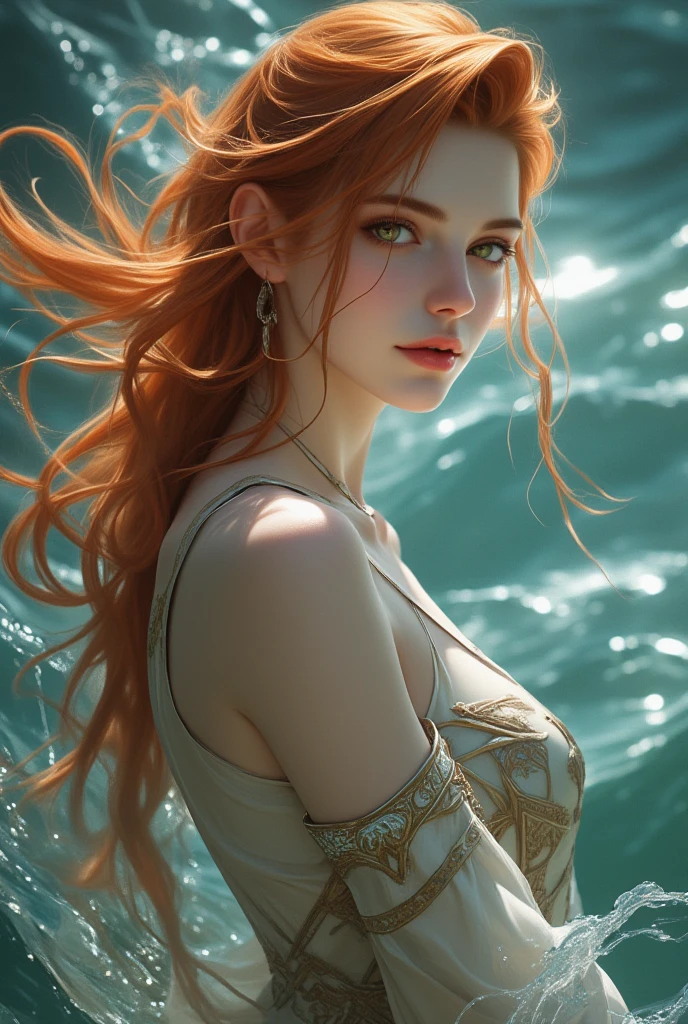( High quality , ultra detailed, careful with hand )Zodiac - Aries goddess , similar to latin goodness , Brave ,willful ,productive ,enterprising and humanitarian face , Moody, impulsive, impatient, assertive style , fire eyes , sunset reddish hair , transparent dress , in the ocean with sun , whole body , strong powerful make up look ,