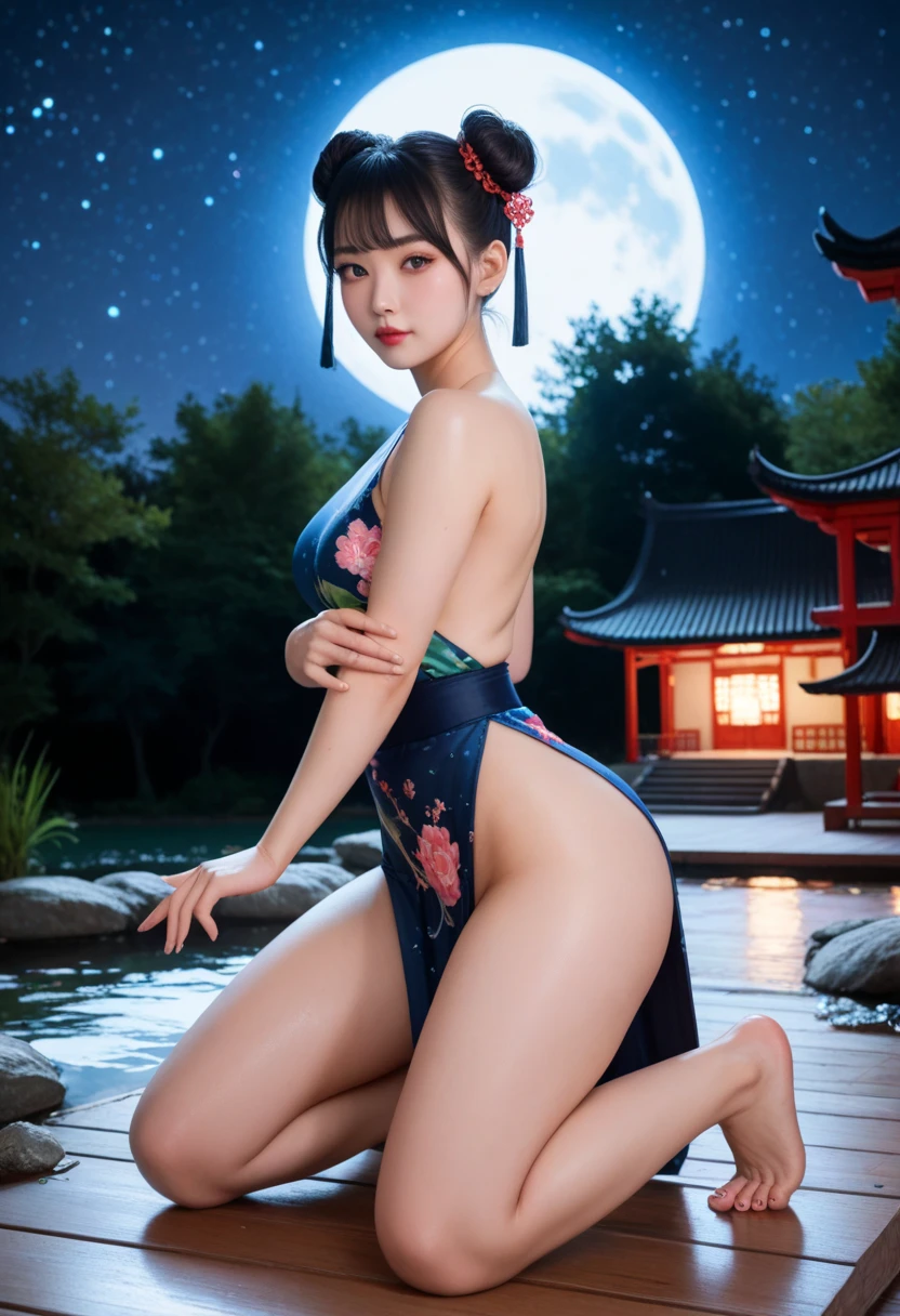( highest quality、8k、masterpiece: 1.1 )、( 1people's women : 1 )、( The background is a Japanese rock open-air bath and Japanese garden with snow falling at night. : 1.2 )、night sky with moon visible、Detailed skin texture、Crystal clear white skin : 1、smile、fine eyes、double eyelid、beautiful woman with very perfect figure: 1、She has medium long brown hair tied up.、perspective from far away : 1、full body shot。Light pink lace lingerie : 1、Being in the water、arch your back。