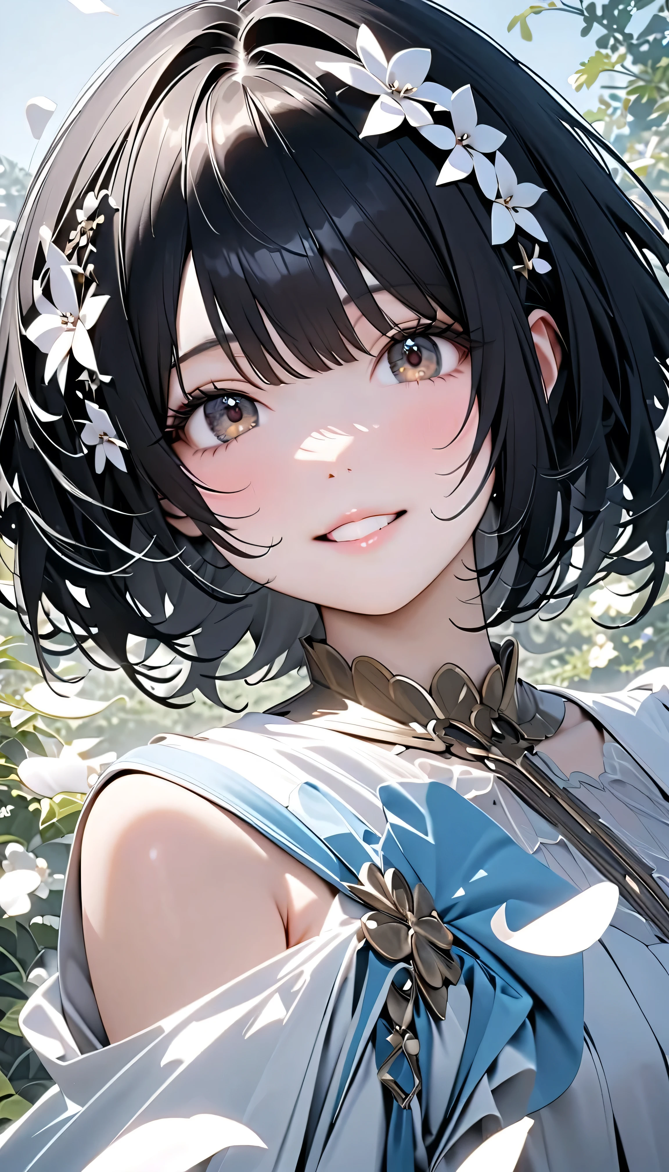 (Highest Quality:1.2, 非常にdetailsな, newest, Highest Quality, Best Aesthetics), 8K Ultra HD, 非常にdetailsな, details, Bold composition, (perfect human structure), beautiful and very delicate texture, (energetic, Digital Coloring, High Contrast, masterpiece:1.2, Highest Quality, Best Aesthetics, wind), (white petals dance:1.2, ファンタジーのwind景:1.4), white petal background, delicate and dynamic, fantastic, Romantic and sweet style, コンセプトアートwind, Blessed Virgin Mary white dress, bright light, Beautiful World, New World, そよwindで舞う, accurate, dynamic angle, angel, 1 woman, upper body shot, black hair, bob cut,  young, textured skin, shiny skin, charming smile, Girl Beauty , Miraculous Beauty Symbol, (((White Flower Hair Accessory, white flower dress :1.2))), 2.5d, realistic