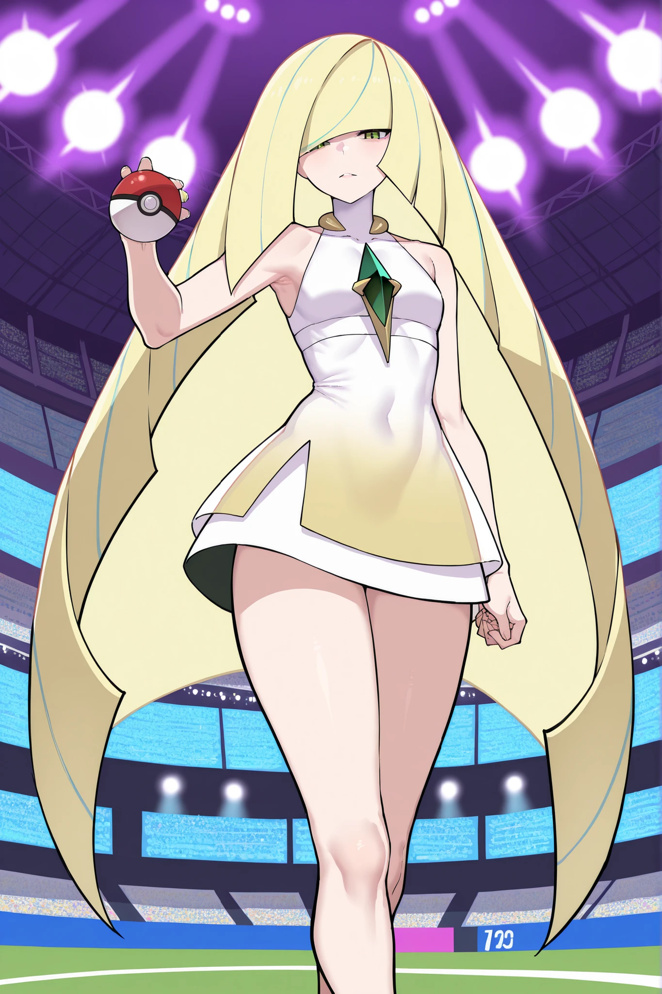 masterpiece, best quality, amazing quality, very aesthetic, absurdres, highres, newest,1girl,lusamine (pokemon),one pokeball in hand, cyboii,stadium, 