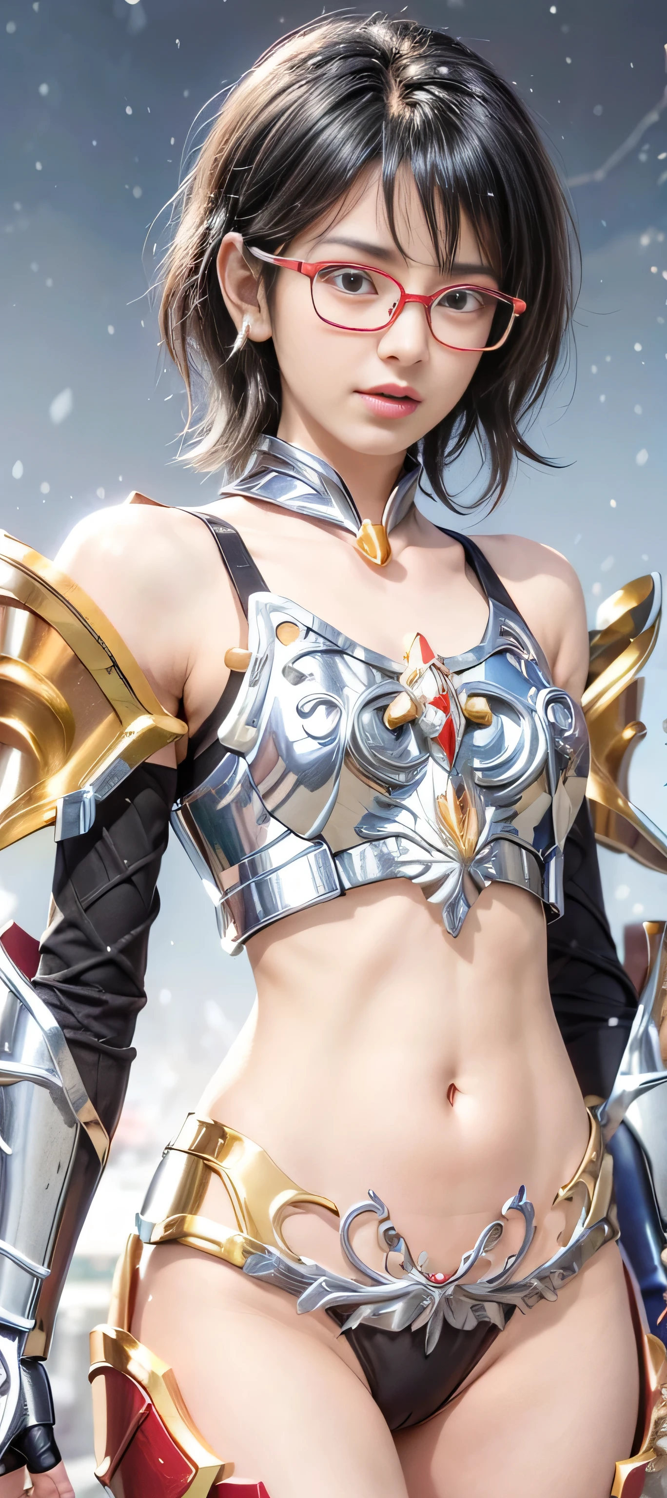 masterpiece, best quality, (realistic,photo-realistic:1.4), (RAW photo:1.2), extremely detailed CG unity 8k wallpaper, delicate and beautiful, amazing,finely detail, official art, absurdres, incredibly absurdres, huge filesize, ultra-detailed,extremely detailed eyes and face,light on face,(smirk),(wearing red framed glasses:1.4),sarada,(black hair:1.4),(short hair:1.4),(saint seiya red armor:1.5),(snowfall background:1.4),navel, winter