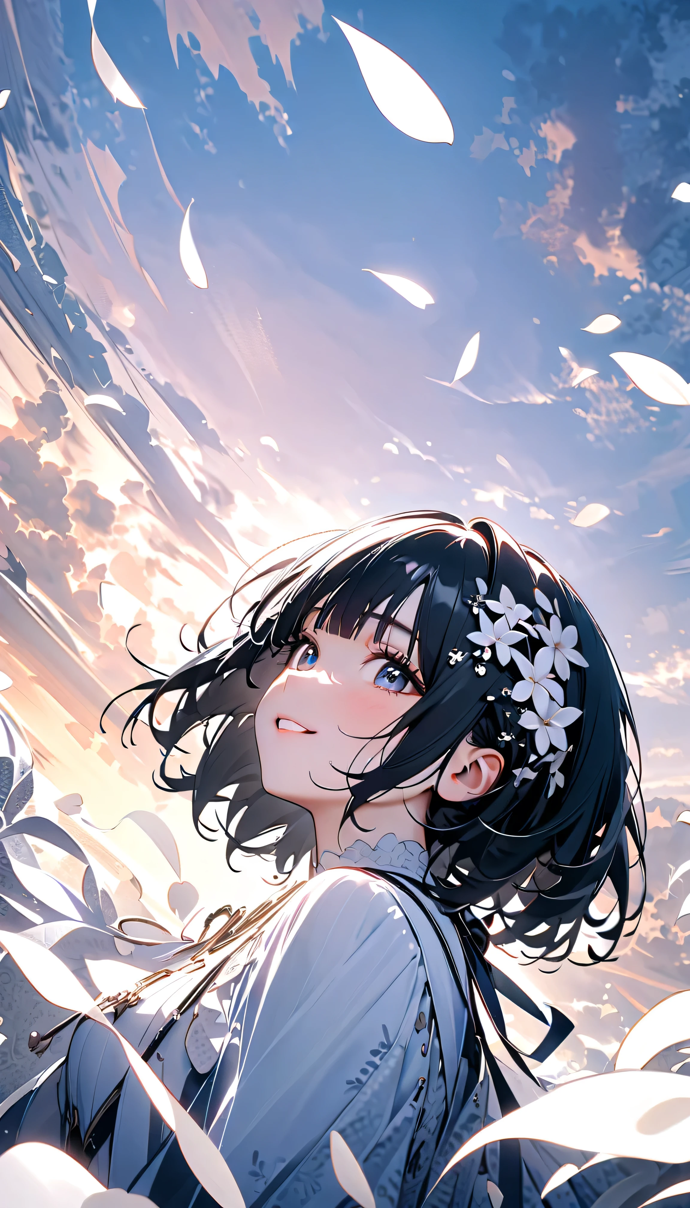 (Highest Quality:1.2, 非常にdetailsな, newest, Highest Quality, Best Aesthetics), 8K Ultra HD, 非常にdetailsな, details, Bold composition, (perfect human structure), beautiful and very delicate texture, (energetic, Digital Coloring, High Contrast, masterpiece:1.2, Highest Quality, Best Aesthetics, wind), (white petals dance:1.2, ファンタジーのwind景:1.4), white petal background, delicate and dynamic, fantastic, Romantic and sweet style, コンセプトアートwind, Blessed Virgin Mary white dress, bright light, Beautiful World, New World, そよwindで舞う, accurate, dynamic angle, angel, 1 woman, upper body shot, black hair, bob cut, young, textured skin, shiny skin, charming smile, Girl Beauty , Miraculous Beauty Symbol, (((White Flower Hair Accessory, white flower dress :1.2))), 2.5d, realistic