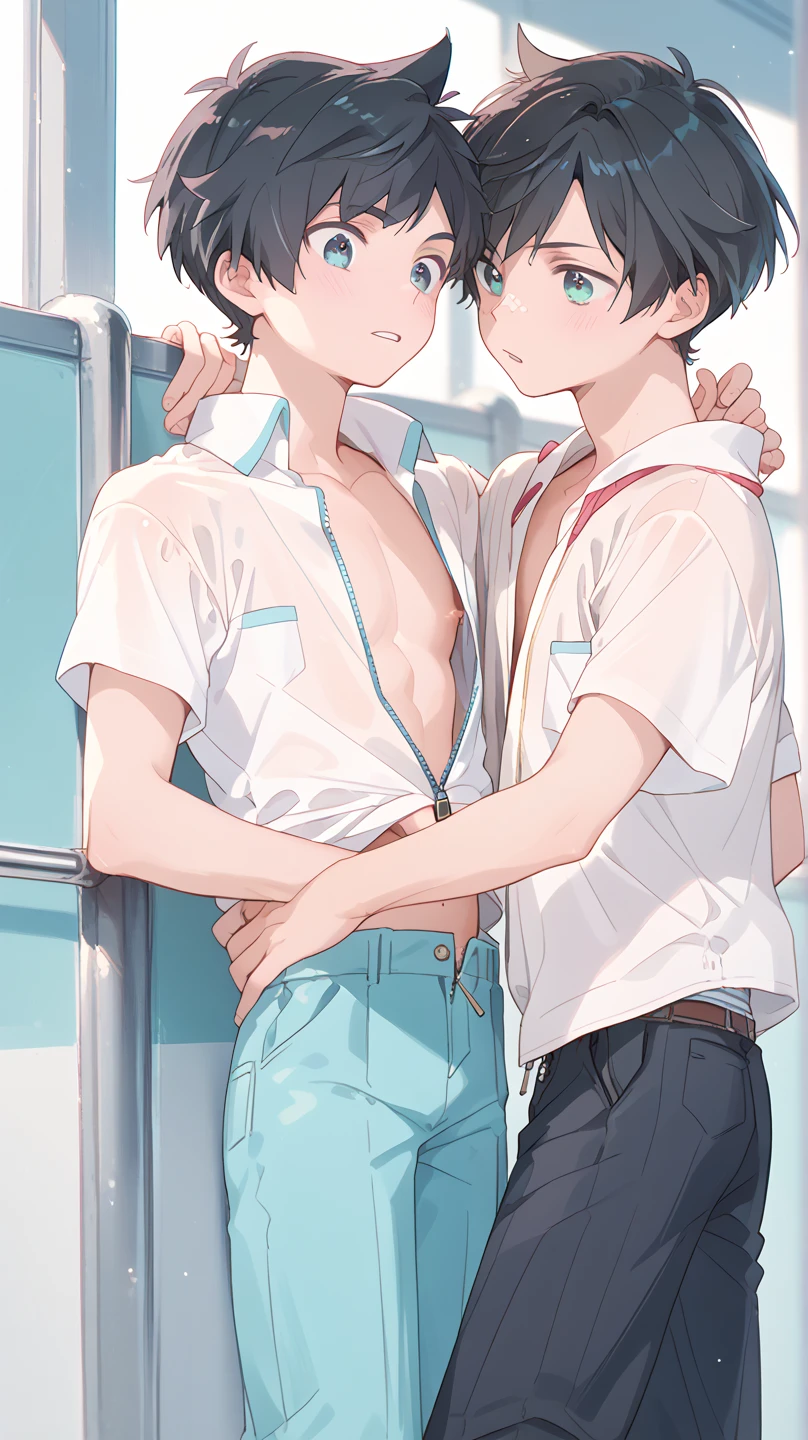 2 boys in silky sports shorts kissing eachother in a boys school changing room
